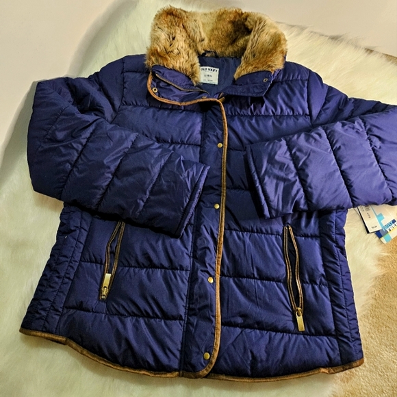 OLD NAVY Puffer Women's Jacket FAUX FUR TRIM JacketSZ XL navy blue color - Picture 1 of 12
